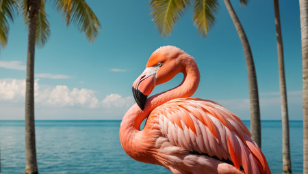 Pink flamingo on the beach with palm trees and turquoise waterの素材