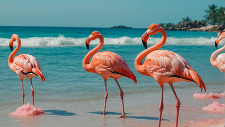 Pink flamingo on the beach with palm trees and turquoise waterの素材