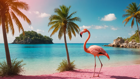 Pink flamingo on the beach with palm trees and turquoise waterの素材