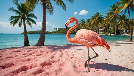 Pink flamingo on the beach with palm trees and turquoise waterの素材