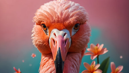 Gorgeous pink flamingo, flowers on a colored backgroundの素材
