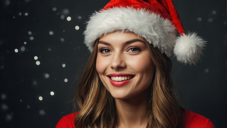 Portrait of a beautiful woman in Santa Claus hat on gray backgroundの素材