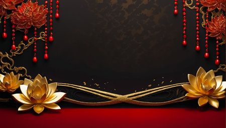 Gold lotus and red heart on black background. 3d renderingの素材