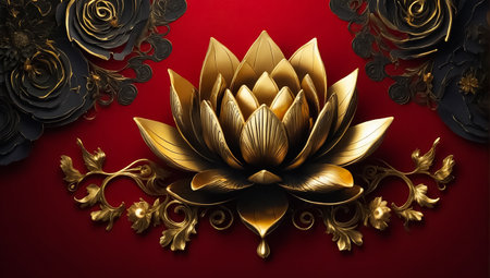 Gold lotus and red heart on black background. 3d renderingの素材