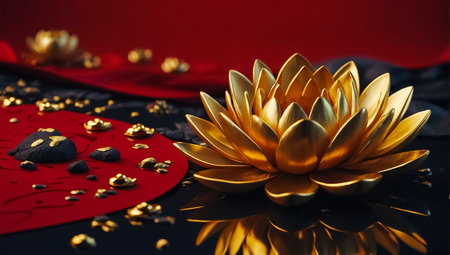 Gold lotus and red heart on black background. 3d renderingの素材