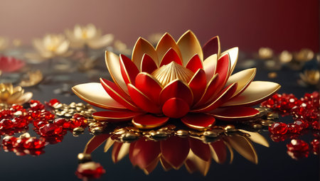 Gold lotus and red heart on black background. 3d renderingの素材