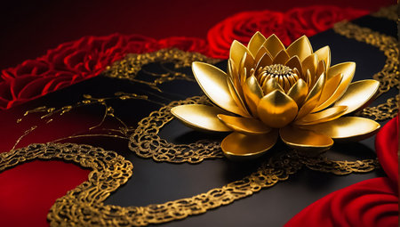 Gold lotus and red heart on black background. 3d renderingの素材