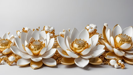Lotus flower and gold jewelry on a gray background. 3d renderingの素材