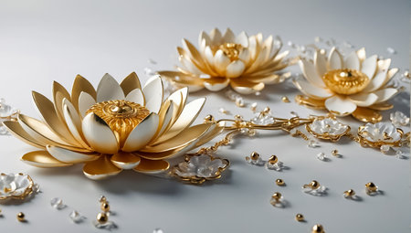 Lotus flower and gold jewelry on a gray background. 3d renderingの素材