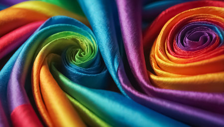 Colorful fabric rolls on a dark background. Selective focus.の素材