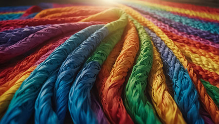 Colorful fabric rolls on a dark background. Selective focus.の素材