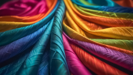 Colorful fabric rolls on a dark background. Selective focus.の素材
