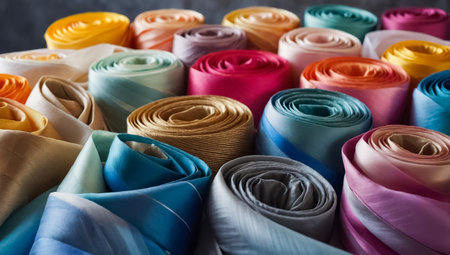 Colorful fabric rolls on a dark background. Selective focus.の素材