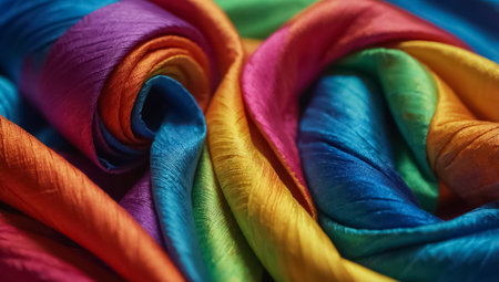 Colorful fabric rolls on a dark background. Selective focus.の素材