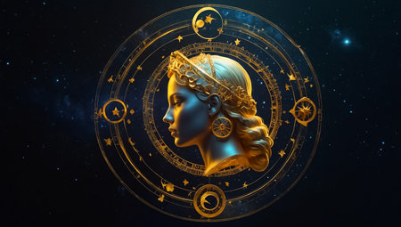 Mystical zodiac sign Virgo. Astrology and horoscope concept.の素材