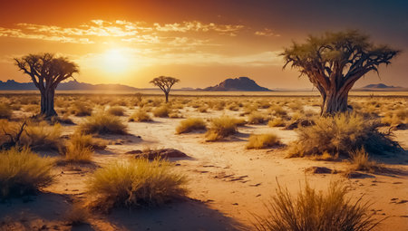 African savannah at sunset, Namibia. Panoramic imageの素材