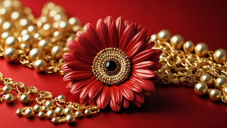 3d illustration of red gerbera flower with golden pearlsの素材
