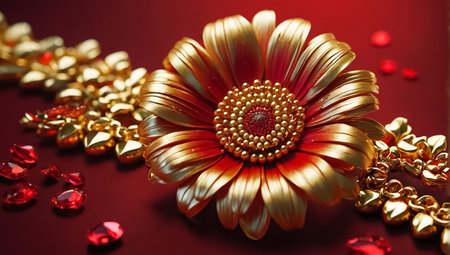 3d illustration of red gerbera flower with golden pearlsの素材