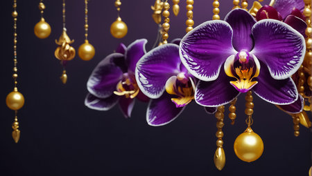 Beautiful purple orchid flowers with gold beads on purple background.の素材