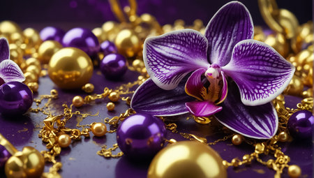 Beautiful purple orchid flowers with gold beads on purple background.の素材