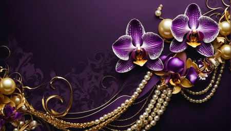 Beautiful purple orchid flowers with gold beads on purple background.の素材