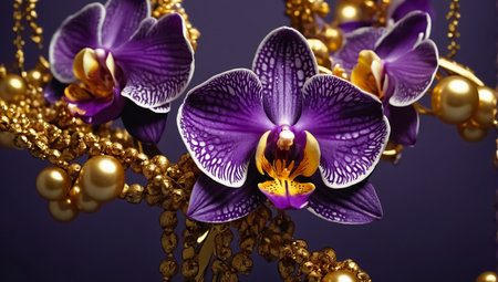 Beautiful orchid flowers and beads on color background, closeupの素材
