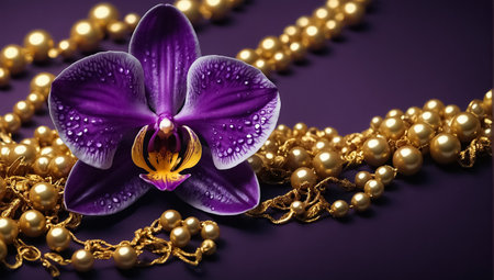 Orchid flowers and pearls on purple background. 3d illustrationの素材
