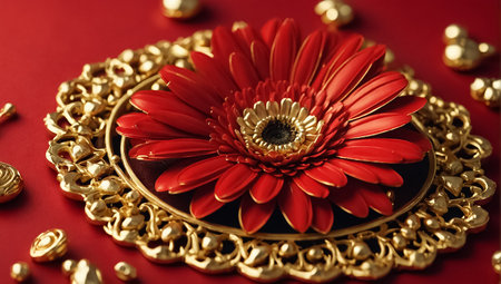 Beautiful gold jewelry on a red background, close-up.の素材