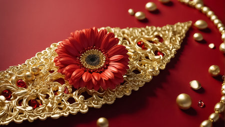 3d illustration of red gerbera flower with golden pearlsの素材