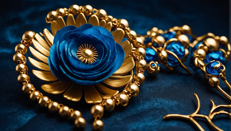 Beautiful orchid flowers and beads on color background, closeupの素材