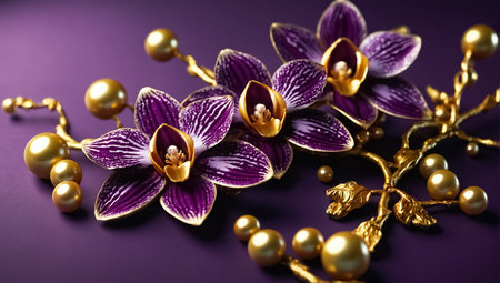 Beautiful purple orchid flowers with gold beads on purple background.の素材