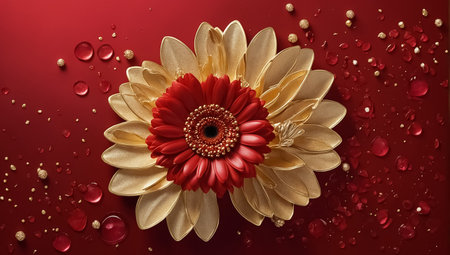 3d illustration of red gerbera flower with golden pearlsの素材