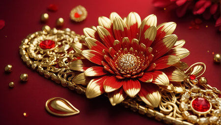 Beautiful gold jewelry on a red background, close-up.の素材