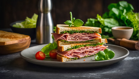 Sandwiches with ham, cheese and lettuce on a dark backgroundの素材