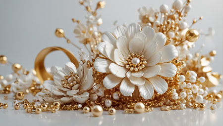 Wedding bouquet of flowers and gold rings on a white backgroundの素材