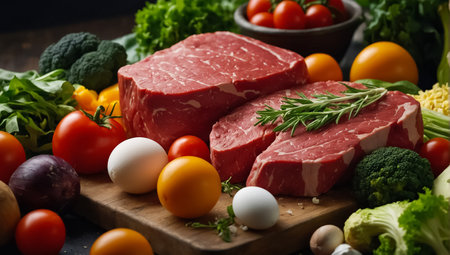 Raw meat, various vegetables in the kitchenの素材