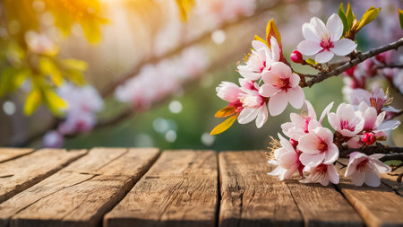 Wooden board, beautiful flowers in summer in natureの素材