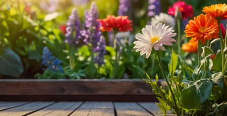 Wooden board, beautiful flowers in summer in natureの素材