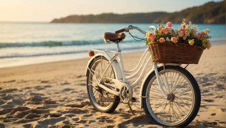 Beautiful retro bicycle with a basket of flowers at the seaの素材