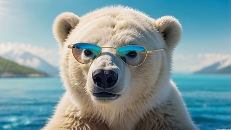 Cute white bear in sunglasses, sunny dayの素材