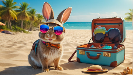 Cute bunny wearing sunglasses, suitcase, beachの素材
