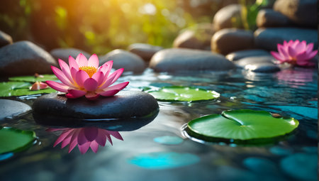 Pink lotus flower on zen stones with water reflection. Nature backgroundの素材