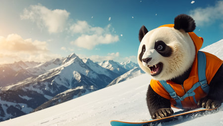Cute panda snowboarding winterの素材