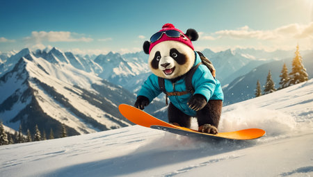 Cute panda snowboarding winterの素材