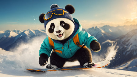 Cute panda snowboarding winterの素材