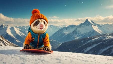 Cute ferret snowboarding winterの素材