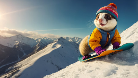 Cute ferret snowboarding winterの素材