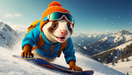 Cute ferret snowboarding winterの素材