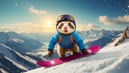 Cute ferret snowboarding winterの素材