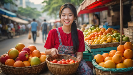 Happy Vietnamese young girl selling fruits at the marketの素材